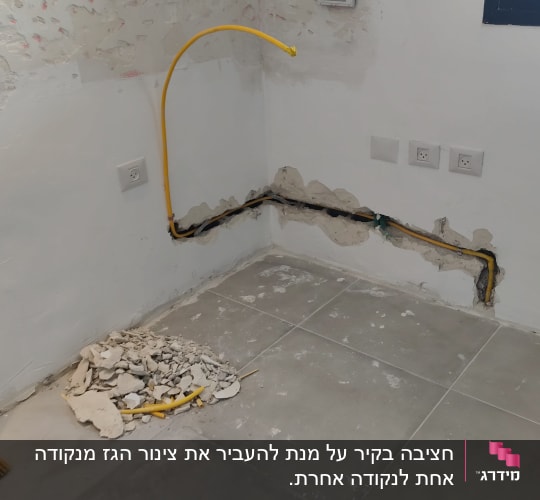 התקנת צינור גז צהוב בחציבה בקיר במהלך עבודות תשתית